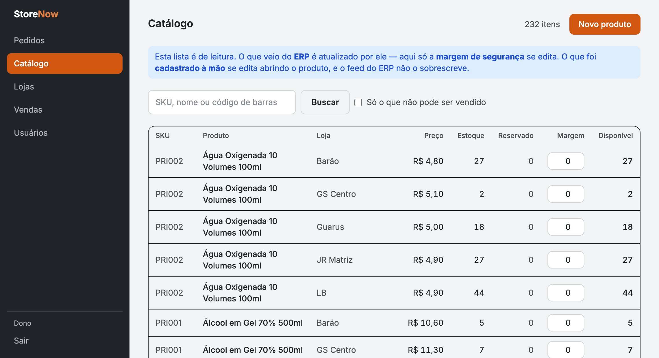 Tela de catálogo do painel StoreNow: a mesma Água Oxigenada listada nas cinco unidades da rede — Barão, GS Centro, Guarus, JR Matriz e LB — cada uma com preço e estoque próprios.
