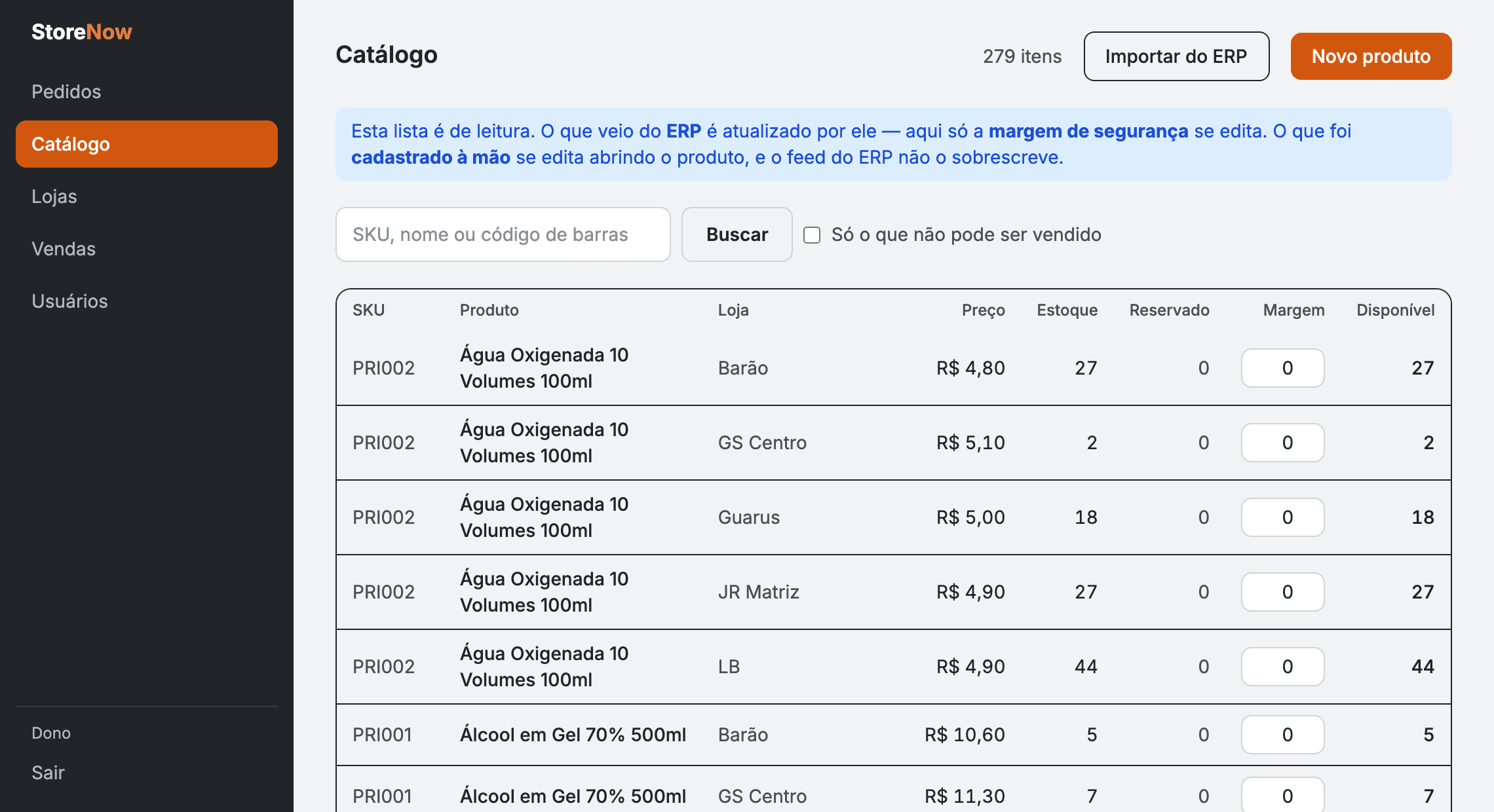Tela de catálogo do painel StoreNow: a mesma Água Oxigenada listada nas cinco unidades da rede — Barão, GS Centro, Guarus, JR Matriz e LB — cada uma com preço e estoque próprios.